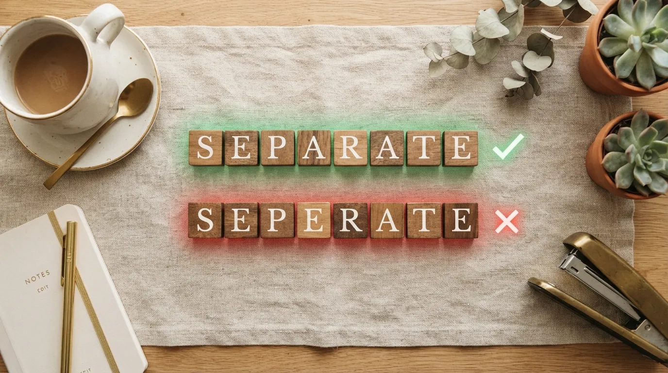 # Separate or Seperate: The Correct Spelling Explained **Quick Answer:** Separate is the correct spelling. Seperate is one of the most common misspellings in the English language and does not appear in any standard dictionary. I once watched a coworker retype the word separate four times in a single email, deleting it each time because it still looked wrong. She finally gave up and used the word "split" instead, just to avoid the problem entirely. If you have ever done the same thing, you are in good company. Studies on common English errors consistently rank this word near the top of the list, right alongside words like definitely and necessary. The trouble comes from a strange pattern buried in the middle of the word. Your ear hears one sound, but your eyes need to remember something slightly different, and that mismatch trips up even confident writers. This guide fixes the confusion for good. You will learn the correct spelling, why seperate keeps appearing anyway, and a simple trick that makes the mistake almost impossible to repeat. ## Separate or Seperate: Quick Answer **Separate** is the only correct spelling, whether you are using it as a verb meaning to divide something, or as an adjective meaning distinct or apart. **Seperate** is not a real word. It is a frequent misspelling caused by how the middle of the word sounds when spoken aloud. Example: "Please separate the recycling from the trash" is correct. "Please seperate the recycling from the trash" would be marked wrong by every major dictionary and spellchecker. ## The Origin and Background of Separate Separate comes from the Latin word separare, formed from se, meaning apart, and parare, meaning to prepare or arrange. The word entered English through French influence during the medieval period and has kept its Latin based spelling ever since. That Latin root explains the tricky middle section of the word. The letters ara sit right in the center, but most English speakers pronounce that section with a soft, unclear vowel sound, often closer to an uh sound than a clear a. This mismatch between sound and spelling is exactly why seperate shows up so often. Writers hear an e sound in the middle and naturally reach for the letter that matches what they hear, rather than the letter the word actually uses. Autocorrect tools have made this worse in some cases. Many keyboards catch the mistake instantly, which means some writers never fully learn the correct spelling on their own, since the software quietly fixes it every time. ## Separate Explained: Correct Usage and Common Variations | Term | Meaning | When to Use | Region/Context | |------|---------|-------------|-----------------| | Separate | To divide, or to describe something distinct or apart | All writing, formal and casual | Standard across English speaking regions | | Separately | In a separate manner or at a separate time | Describing individual actions or items | Common in instructions and formal writing | | Seperate | Not a standard word | Never intentionally | Appears only as a misspelling | Separate and separately share the same correct spelling pattern, since separately simply adds a suffix to the base word. Seperate does not belong in this group at all, since it is not an accepted variant in any dictionary. ## Which Spelling Should You Use? ### Students and Academic Writing Always use separate. Teachers, professors, and grammar checkers expect this exact spelling in every assignment and essay. ### Business and Professional Writing Use separate consistently. A misspelled version of such a common word can quietly damage the credibility of an otherwise polished document. ### Legal and Formal Documents Use separate without exception, since these documents often rely on precise, defensible language where spelling errors carry real consequences. ### Casual Writing and Messaging Separate still wins here too. Since seperate has no accepted meaning, using it risks looking careless, even in a quick text or comment. ### Global or Neutral Audiences Choose separate every time. It reads correctly across American English, British English, and every major international style guide. If you remember only one rule, remember this: separate is always correct, and seperate is always a mistake. ## Common Mistakes with Separate and Seperate ### Mistake 1: Spelling the Middle of the Word by Sound Alone Correction: Remember that separate contains the word rate hidden inside it, spelled s e p a rate, which helps lock in the correct middle letters. ### Mistake 2: Assuming Seperate Is a Simplified or Informal Version Correction: Seperate is not an informal spelling or regional variant. It is simply incorrect in every context. ### Mistake 3: Trusting Spellcheck Completely Without Double Checking Correction: Most modern spellcheckers catch this error, but older documents, handwritten notes, and some apps may still let it slip through unnoticed. ### Mistake 4: Confusing Separate with Similar Looking Words Correction: Words like desperate and temperate share a similar rhythm, which can pull your spelling instincts in the wrong direction if you are not paying close attention. ### Mistake 5: Repeating the Mistake in Fast Typing or Note Taking Correction: Slow down slightly on this specific word, or use a memory trick, since speed typing is when this error appears most often. Each of these mistakes happens because separate is a word people hear constantly but rarely study closely, which leaves the spelling open to guesswork. ## Separate in Real World Examples ### Professional Email "Please keep the invoices in a separate folder from the receipts before the audit begins next week." ### News Headline "City Council Votes to Keep School Zoning and Housing Policy as Separate Agenda Items" ### Social Media Post "Finally organized my recipes into separate folders for breakfast, lunch, and dinner. Feels so much better." ### Formal Document "Each department must submit a separate report detailing quarterly expenses and projected budget needs." Notice how separate fits naturally into every tone, from a casual social post to a formal budget report. That consistency is exactly why the correct spelling matters so much. ## Separate and Seperate: Data, Trends, and Usage Searches comparing separate and seperate happen year round, driven largely by students, writers, and professionals double checking their spelling before submitting work. Editors, teachers, and content writers search this pair frequently, especially when reviewing documents where a single misspelling could distract from otherwise strong writing. This search falls almost entirely into the informational category. Readers want one clear, fast answer, not a long explanation of grammar theory. Search interest in commonly misspelled words continues to grow as more writing happens quickly through phones and messaging apps, which makes fast, reliable spelling guides more valuable than ever. ## Standalone Comparison Table | Term/Variant | Meaning | Region/Context | Best Used When | |---------------|---------|-----------------|------------------| | Separate | To divide, or to describe something distinct or apart | Global standard | Any writing situation, formal or casual | | Separately | In an individual or distinct manner | Global standard | Describing actions done one at a time | | Seperate | No accepted meaning | Appears only as an error | Never appropriate | ## Frequently Asked Questions ### What does separate mean? Separate means to divide something into parts, or to describe things that are distinct and apart from one another. It works as both a verb and an adjective depending on the sentence. ### How do you use separate correctly in a sentence? Use separate as a verb to describe dividing something, such as "separate the whites from the darks," or as an adjective to describe distinct items, such as "they live in separate apartments." ### Seperate vs separate, what is the actual difference? There is no real difference in meaning, because seperate is not an accepted word at all. Separate is the only correct spelling for this concept. ### Is seperate ever acceptable in formal writing? No. Seperate should never appear in formal, academic, or professional writing. Separate is the expected and correct spelling in every context. ### Which version is correct, separate or seperate? Separate is correct. Seperate is a misspelling that happens because the middle of the word sounds different from how it is actually spelled. ### Where does the word separate come from? Separate comes from the Latin word separare, combining se, meaning apart, with parare, meaning to prepare or arrange, entering English through French influence in the medieval period. ### Can separate be used in both formal and casual writing? Yes. Separate works naturally in every register, from legal documents and business reports to casual texts and social media posts, without ever needing an alternate spelling. ## Final Thoughts Separate is the spelling you should use every single time, no matter how the word sounds when you say it out loud. Seperate simply is not a recognized word, even though it remains one of the most common typing mistakes in English. Remember the simple trick from this guide. Picture the hidden word rate sitting inside separate, spelled s e p a rate, and the correct spelling becomes much easier to recall. Bookmark this guide so you never second guess this word again, and share it with anyone who has ever retyped separate more than once, hoping it would finally look right. --- **Meta Description:** Separate or seperate explained clearly, with the correct spelling, meaning, common mistakes, and simple tricks to remember it. separate or seperate